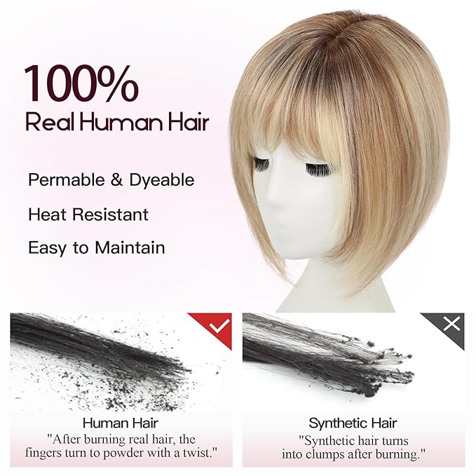EMMOR 12 Inch Human Hair Topper for Women - Real Hair Topper with Bangs & 6.5" × 6.5" Larger Base, Natural Thin Hair Solution for Women(Ombre Blonde & Brown Highlight)