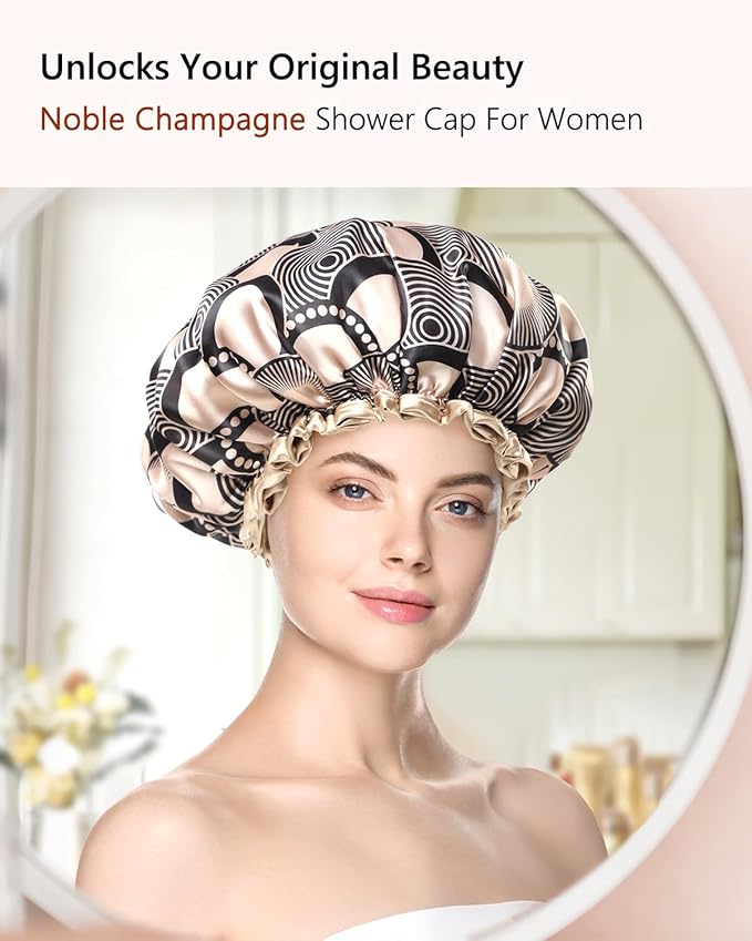 mikimini Shower cap for Women and Girls,Champagne Shower Caps with Lace, Double Layer Waterproof, Reusable, Washable, High-quality,Medium (Pack of 1)