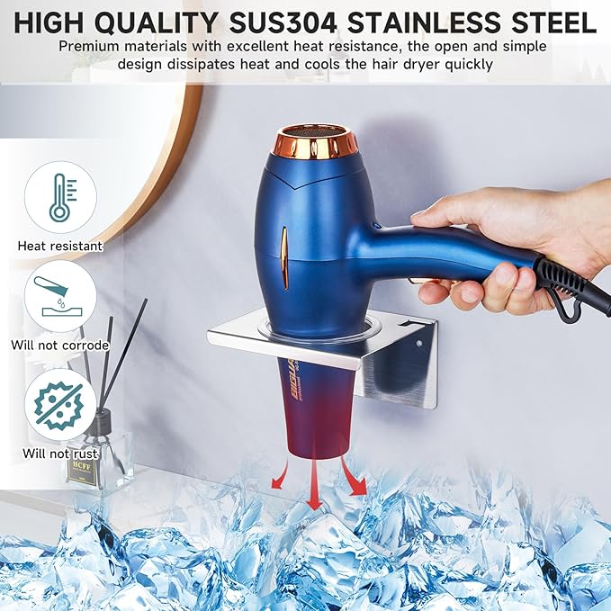 Hair Dryer Holder Wall Mounted, Hair Tool Organizer for Blow Dryer Holder Stainless Steel, Bathroom Hairdryer Holder, Adhesive Hair Dryer Organizer Storage Hanger for Vanity Barber Shops