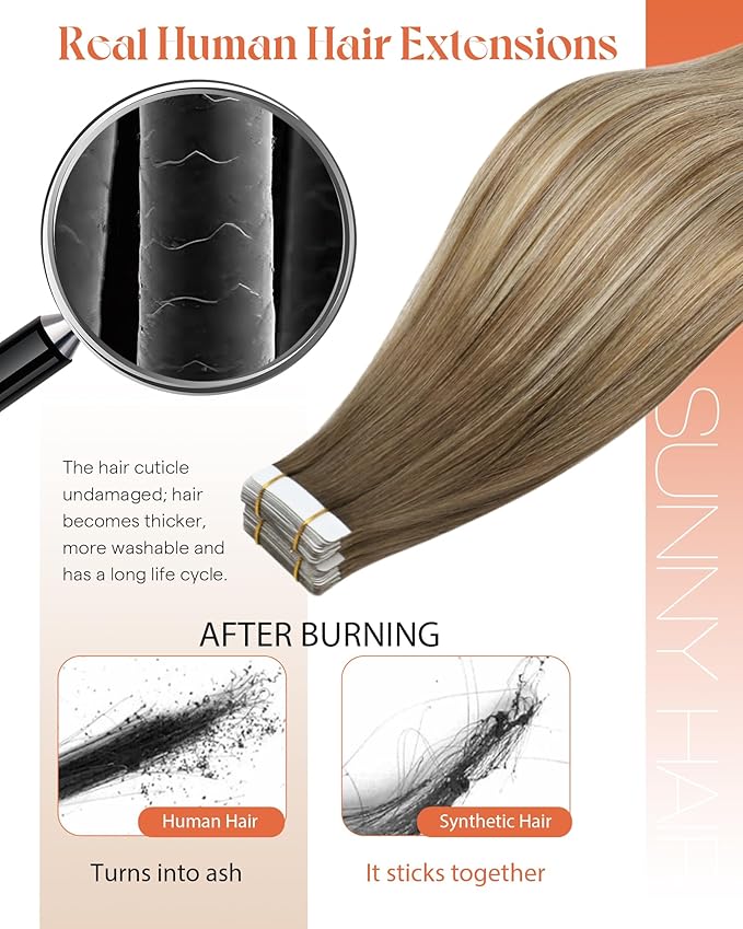 Sunny Hair Tape in Hair Extensions Human Hair, Human Hair Tape in Extensions Light Brown Balayage Blonde Hair Extensions Real Human Hair Tape in 14Inch 50g