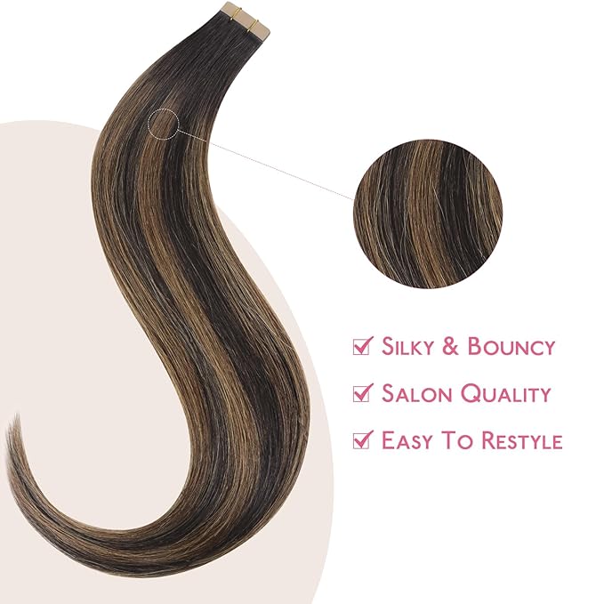 WENNALIFE Tape in Hair Extensions Human Hair Balayage Dark Brown Mixed Chestnut Brown Tape in Extensions, 10pcs 30g 22 inch Remy Invisible Tape Ins Straight Soft Real Human Hair Tape in Extensions