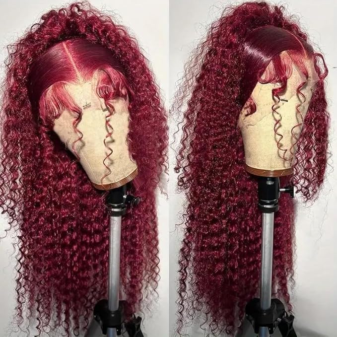 250 Density Hidden Strap 360 Full Lace Front Wigs Human Hair Pre Plucked Bleached Konts Pre Cut Lace Deep Wave HD Lace Frontal Wig with Drawstring Burgundy Wig Human Hair 360 Glueless Wigs(18inch)