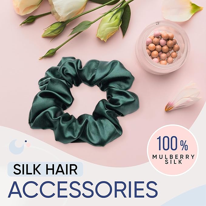 Blissy Silk Scrunchies (3 Pack) - 100% Pure Mulberry Silk - 22 Momme 6A High-Grade Fibers Scrunchie for Straight & Curly Hair (Emerald, Skinny)