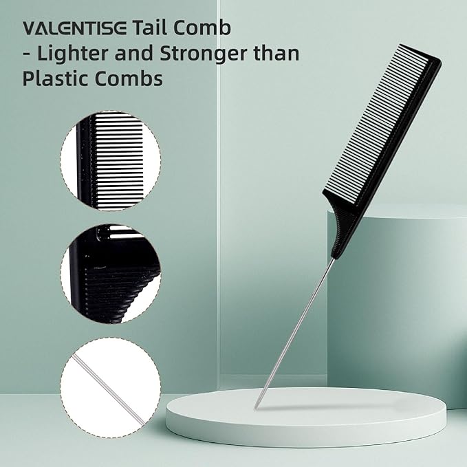 Boar Bristle Slick Back Hair Brush, Teasing Hair Brush with Black Carbon Fiber and Stainless Steel Tail Comb, Slick Hair Brush Set for Parting and Sectioning, Suitable for All Styling
