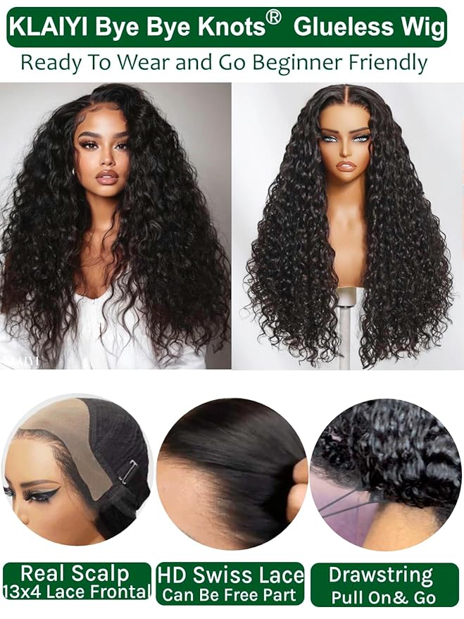 KLAIYI Water Wave HD Real Scalp Glueless Precut 13x4 Lace Front Human Hair Wig Drawstring Bye Bye Knots Pre Plucked Bleached Pre Everything 30S Ready to Wear and Go Deep Curly Wave Beginner Wig 26Inch
