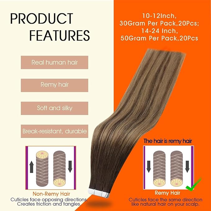 Full Shine Balayage Tape in Hair Extensions Human Hair 14Inch Tape in Extensions 2/3/27 Brown To Caramel Blonde Ombre Seamless Skin Weft Tape ins Human Hair Extensions Straight Extension 50G 20Pcs