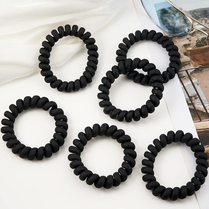Spiral Coil Hair Ties for Women (Matte Black, 12 Pcs) - No Crease Ponytail Holders for Thick and All Hair Types, Plastic Spiral Ties