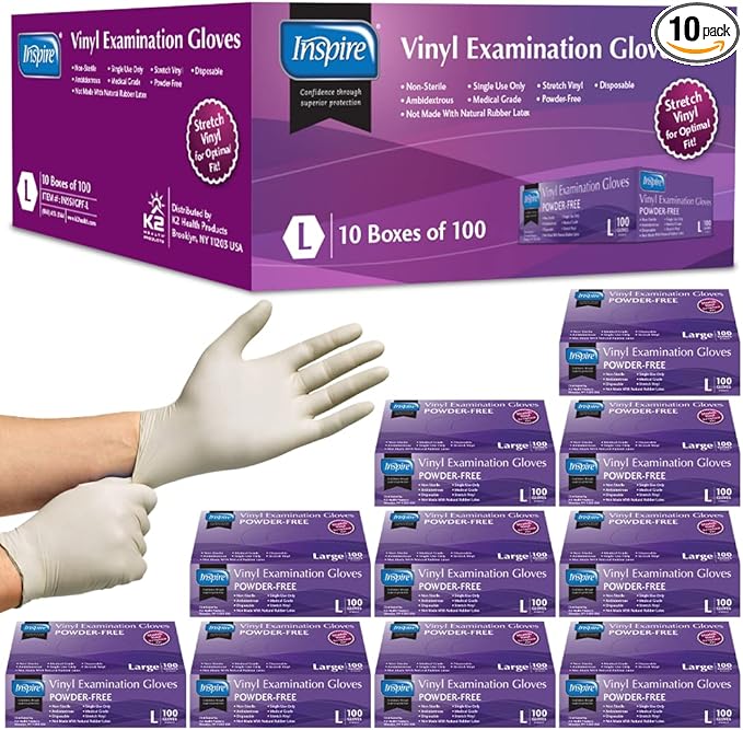 Inspire Stretch Vinyl Exam Gloves | THE ORIGINAL Quality Disposable Latex Free Medical Glove Cleaning Cooking Food Service Labs Healthcare and Household, Large 1000 Count