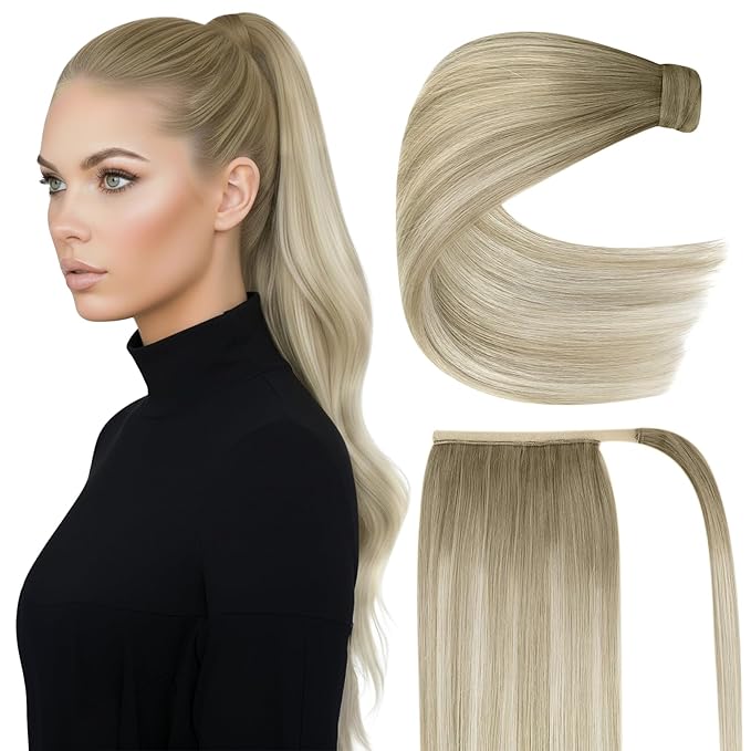 Ve Sunny Hair Extensions Ponytail Real Human Hair 80G Wrap Around Clip in Ponytail Hair Extensions Straight Extensions Human Hair for Women Ash Grey Balayage Platinum Blonde 14inch