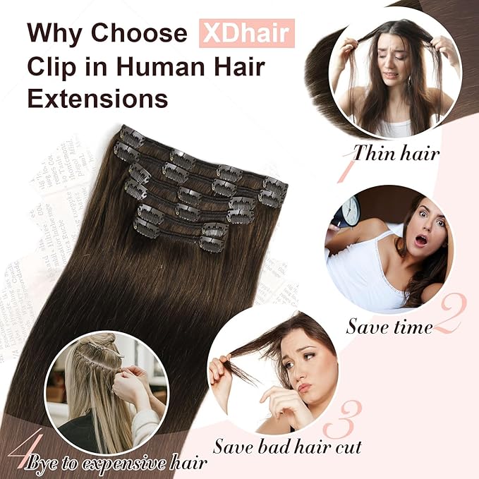 XDhair Clip in Hair Extensions 100g 14Inch Drak Brown Clip in Human Hair Extensions Straight Clip In Real Hair Extension for Women #2