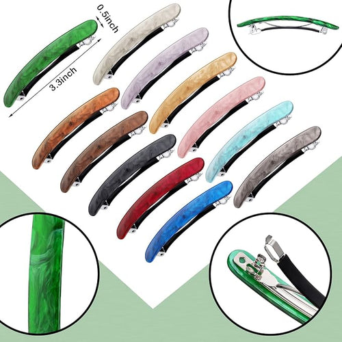 12 Pieces Hair Barrettes for Women Tortoise Shell Acetate French Skinny Clip Automatic Ponytail Barrettes for Women Fine Thin Hair Accessories(Elegant Color)