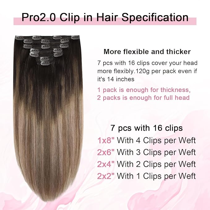 Pro2.0 Clip in Hair Extensions Real Human Hair 22inch 7pcs #2/6/18 Dark Brown to Dirty Blonde Remy Real Hair Extensions Clip in Human Hair 120g Double Weft（#2/6/18-22inch）