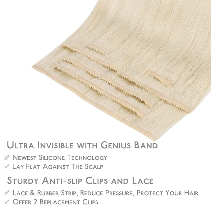 WENNALIFE Lace Seamless Clip in Hair Extensions Human Hair 7pcs Ultra Invisible 50% Thinner Seamless Clip Ins Platinum Blonde Natural Remy Hair 18 inch
