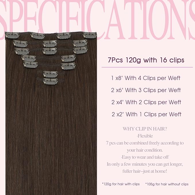 PINKPEARL Human Hair Clip in Hair Extensions 14inch #4 Chocolate Brown Clip in Hair Extensions Real Human Hair 7pcs 120g Natural Human Hair Clip ins for Women(#4-14)