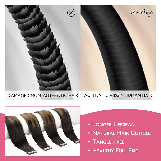 WENNALIFE Tape in Hair Extensions Human Hair Dark Brown to Chestnut Brown and Dirty Blonde Highlighted Tape in Extensions, 10pcs 25g 16 inch Remy Invisible Tape Ins Straight