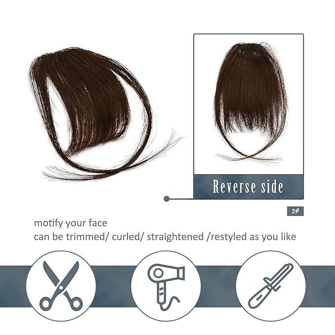 BARSDAR Real Human Hair Bangs Clip in - 100% Human Hair Clip in Bangs for Women - Dark Brown Wispy Bangs Extensions Fringe with Temples Real Hair Bangs Hairpieces - Darker Brown