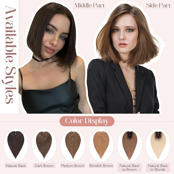Hairro 100% Human Hair Topper No Bangs, Real Clip in Hair Hairpieces for Women, 3.94x4.72" Silk Base for Thinning Receding High Hairline, 12 Inch Natural Black to Medium Brown Middle Part