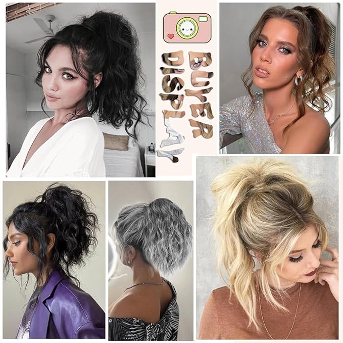 Ponytail Extension-12 Inch Drawstring Ponytail Hair Extensions for Women Synthetic Curly Wavy Fake Pony Tails Hair Pieces for Daily Party Use (Black/Grey)