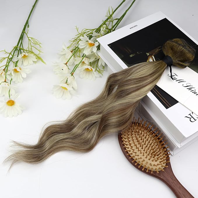 Full Shine Ombre Hair Extensions Clip in Human Hair Dark Brown Roots Ash Brown Mix Medium Blonde Lace Weft Clip in Hair Extension for Women 18 Inch 3 PCS 60 G