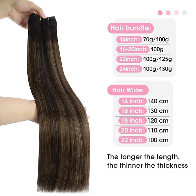 YoungSee Human Hair Sew in Extensions Brown Balayage Real Human Hair Weft Extensions Darkest with Medium Brown Balayage Sew in Hair Extensions Long Straight Hair 100G 22Inch