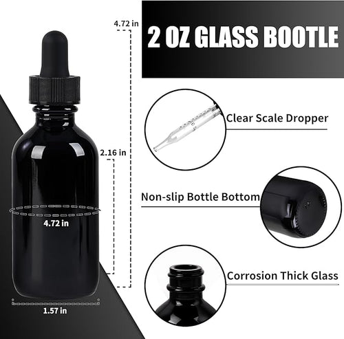 12 Pcs, 2oz Glass Dropper Bottle, Leakproof Tincture Bottles with Dropper, Black Reusable Eye Dropper Bottle, for All Kinds of Liquids (Black, 2oz-12pcs)