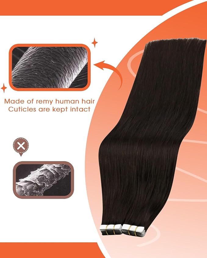Sunny Hair Tape in Hair Extensions Real Human Hair Invisible Remy Hair Extensions Tape ins for Women Darkest Brown 14 inch 25G