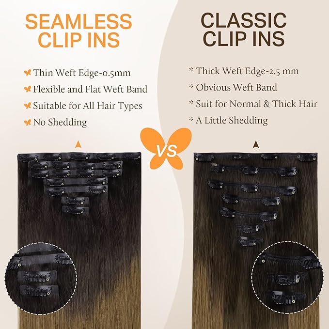 DOORES Clip-in Hair Extensions, Chocolate Dip Color Melt 7pcs 150g 22 Inch, Seamless Real Human Remy Hair Weft Straight Invisible Edge Extensions