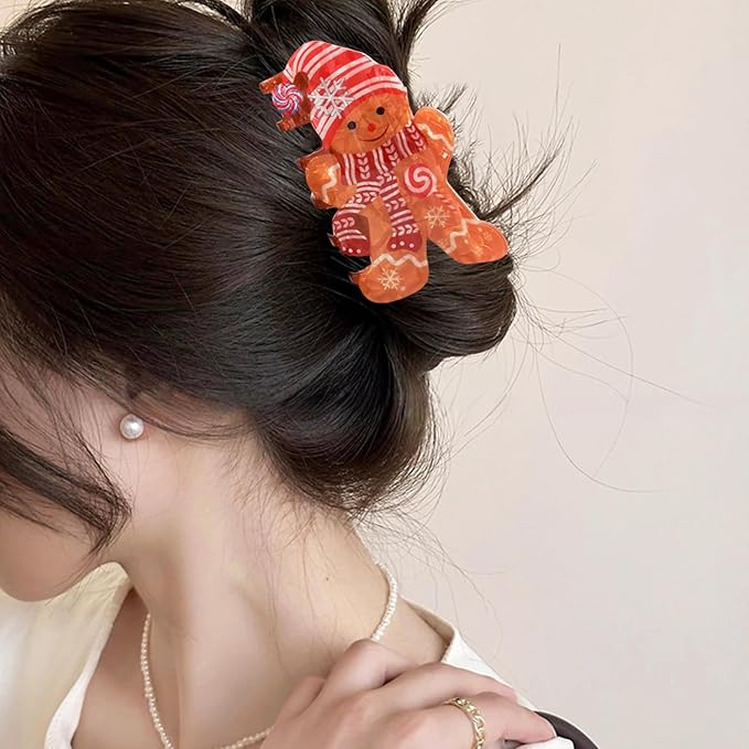 Christmas Hair Clips Gingerbread Man Hair Claw Clips with Red Hat Scarf Design Snowflake Candy Cane Hair Barrettes Cartoon Pattern Xmas Hair Accessories Funny Christmas New Year Claw Clip for Women
