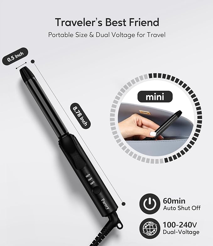 FARERY 1/2 Inch Ceramic Mini Hair Curler with 3 Adjustable Temp, 100-240V Dual Voltage, Travel Curling Iron for Short Hair, Auto-Off, Infused with Keratin & Argan Oil, Include Storage Bag, Black