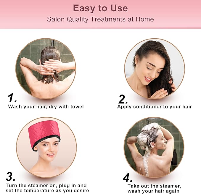 Heat Cap for Deep Conditioning, Ingeware Thermal Cap for Hair Steamer Cap for Natural Hair Portable Electric Heat Hair Spa Cap for Home Use Pattern (Rose Red)