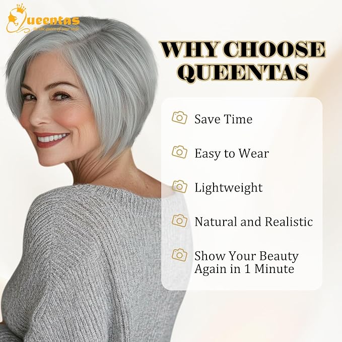 QUEENTAS Grey Hair Topper for Women with Thinning Hair Pieces 6"*6"Large Coverage 360°3D Cover Silver Synthetic Short Bob with 5 Clips in Wiglets(Gray)