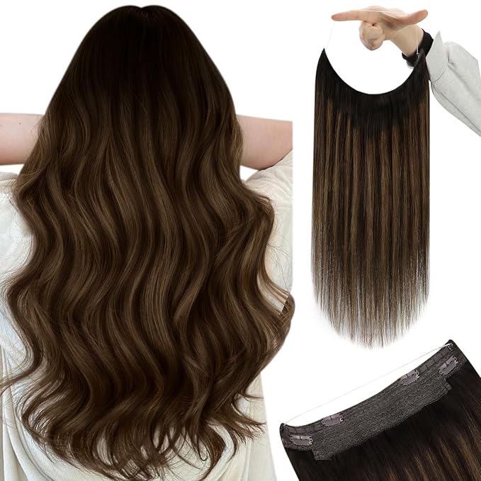 YoungSee 130G Wire Hair Extensions Human Hair Brown Ombre Hair Extensions Invisible Wire Darkest Brown Balayage Medium Brown Headband Hair Extension Real Human Hair 20Inch