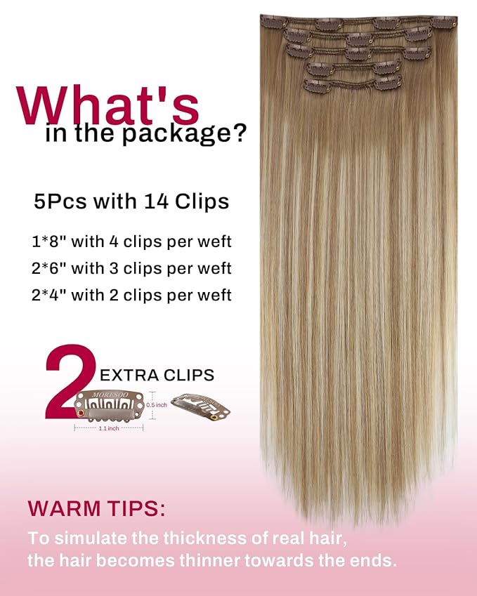 Moresoo Clip in Human Hair Extensions Blonde Balayage Remy Double Weft Human Hair Extensions Clip ins Ombre Light Brown with Golden Blonde 5pcs 80g 16inch