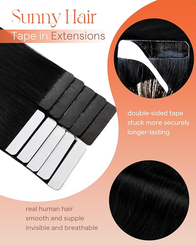 Sunny Hair Tape in Hair Extensions Real Human Hair Invisible Remy Hair Extensions Tape ins for Women Jet Black 22 inch 25G