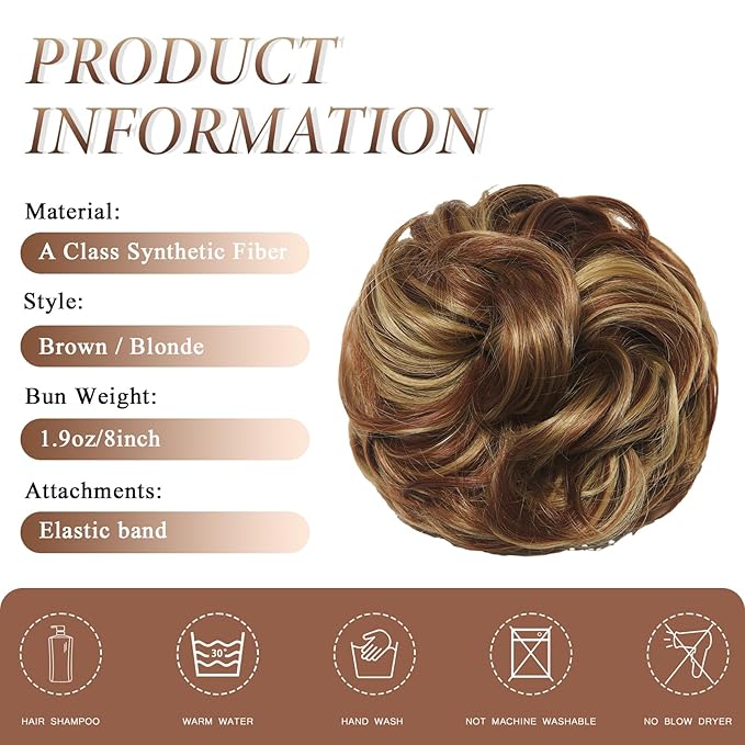 Large Messy Bun Hair Piece Curly Synthetic Extensions Scrunchies Fake Chignon Updo Hairpieces for Women Bronde Highlights
