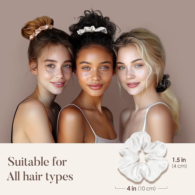 LULUSILK Silk Scrunchies for Hair Sleep, 100% Real Mulberry Silk, No Damage Hair Ties for Women and Girls, Gorgeous White, Pack of 3