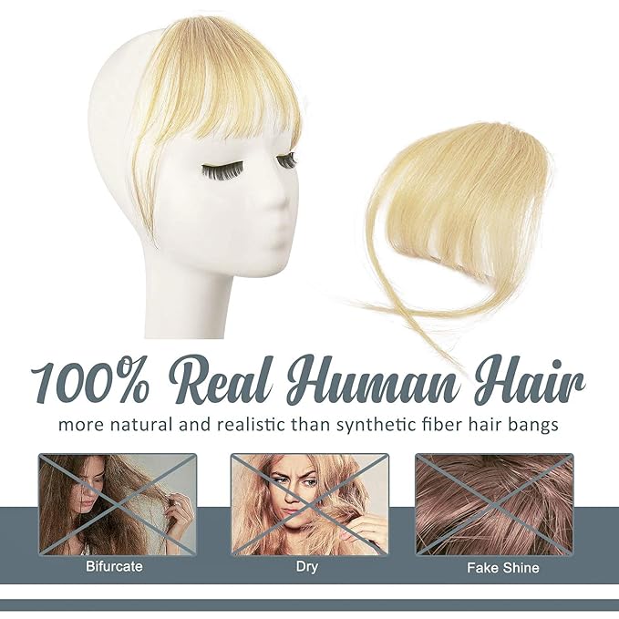 BARSDAR Real Human Hair Clip in Bangs - Human Hair Clip in Bangs for Women - Light Blonde Wispy Bangs Extensions Fringe with Temples Dyeable Real Hair Bangs Hairpieces - Bleach Blonde