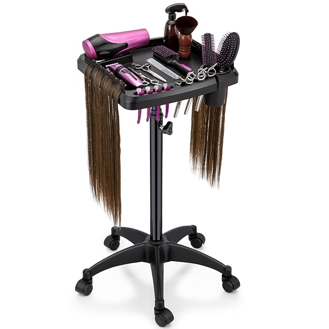 Hair Extension Tray Cart on Wheels w/Storage Holder, Height Adjust & Removable Hairstylist Rolling Tray Barber Tray Cart with Wheels, Salon Hair Extension Trolley Cart Hairdresser Stylist Color Tray