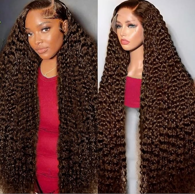 30 Inch Chocolate Brown Deep Wave Lace Front Wigs Human Hair Pre Plucked 200% Density 13x6 HD Lace Frontal Wigs with Baby Hair Deep Curly Wet and Wavy Glueless Wigs for Women (4# Brown, 30 Inch)