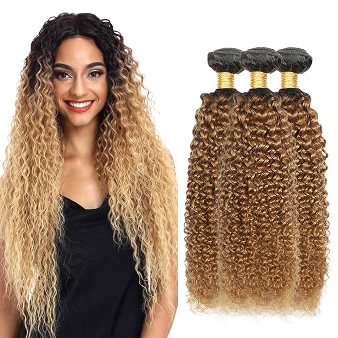 Ombre Bundles Human Hair 1B27 Kinky Curly Bundle Brazilian Virgin Remy Hair 3 Bundles 22 24 26 Inch Double Weft 2 Tone Black and Honey Blonde Kinky Curly Bundle Hair Weave 300g
