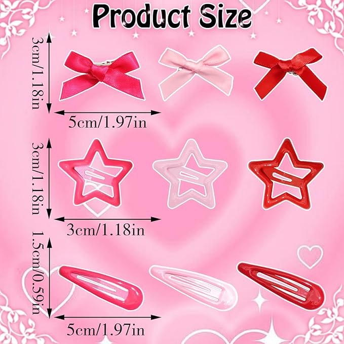 36Pcs Hot Pink Mini Bow Hair Clips Red Star Snap Hair Barrettes Water Drop No Slip Hair Clips for Women 3 Color Small Hair Bows Star Bowknot Hair Accessories for Girls