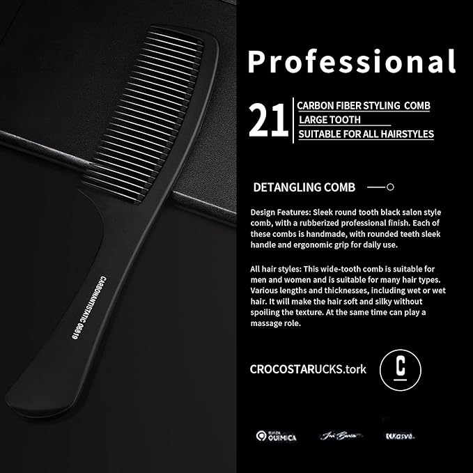 Large Detangling Comb With Professional Handle - Carbon Fiber, Cutting, Hairdressing, Styling, Round Tooth, Barber, Travel Hair Comb for Men and Women