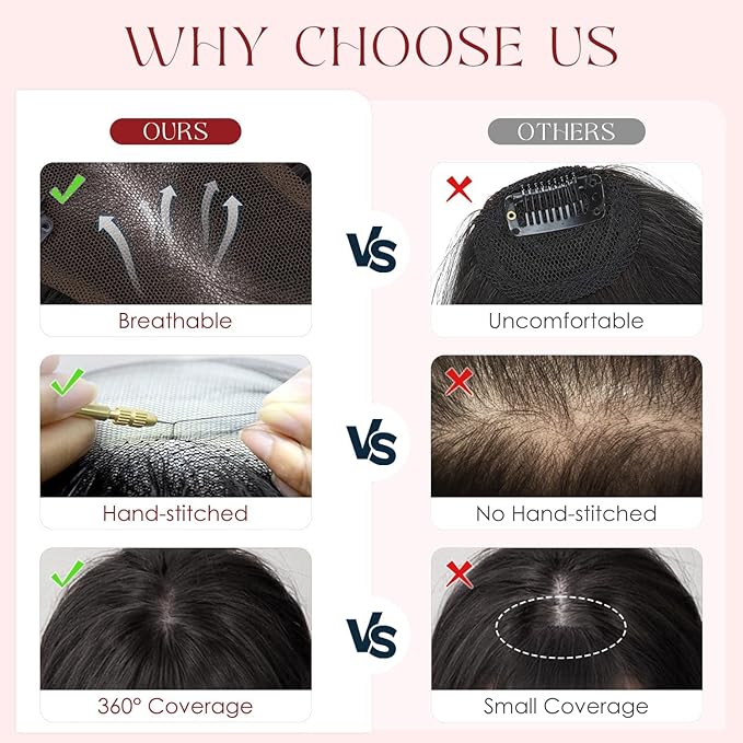 Human Hair Topper with Bangs for Women, 360° Cover Clip in Curtain Bangs Hair Toppers Hair Piece with Highlights 3.15x4.33 Hand-tied Base Medium Brown&Dark Blonde