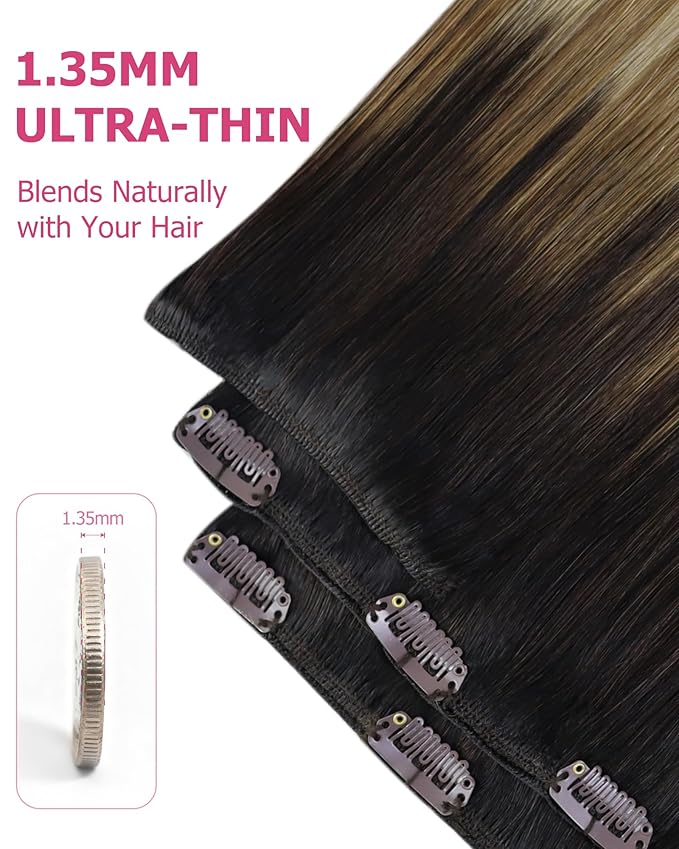YoungSee Brown Ombre Hair Extensions Clip ins Balayage Human Hair Clip in Extensions Dark Brown Roots Medium Brown Mix Blonde Balayage Clips in Human Hair Extensions for Woman 14inch 120g