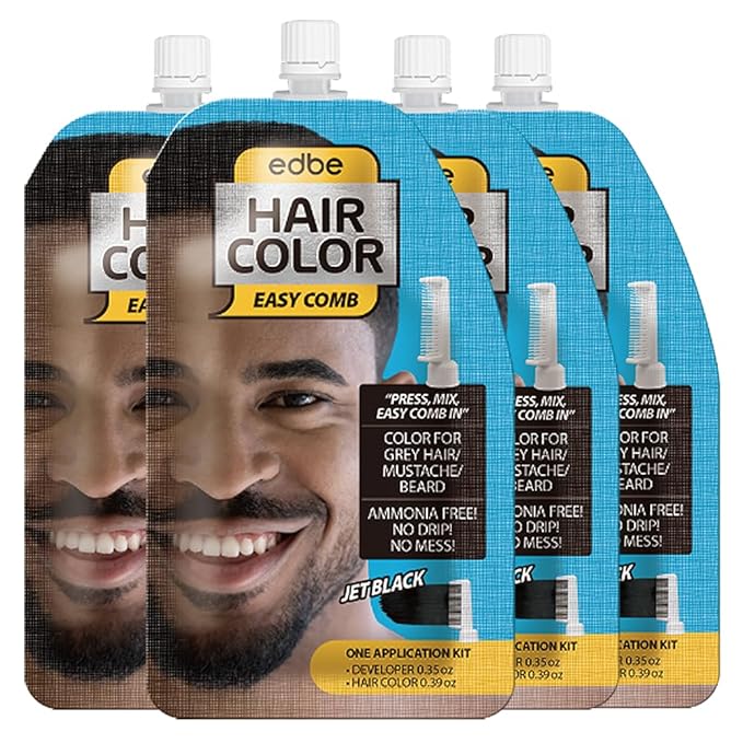 Edbe Hair Color Easy Comb Jet Black (4 Pack) – Grey Hair Mustache and Beard Coloring for Men with One Application Kit