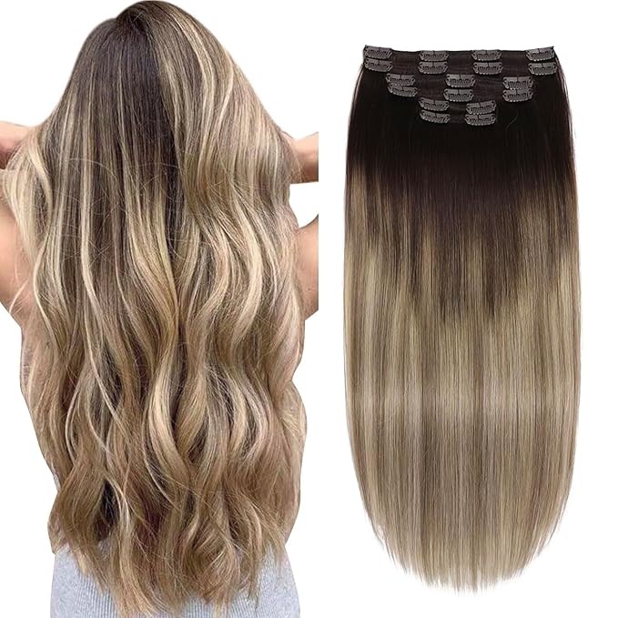 XDhair Clip in Hair Extensions Human Hair, 20 Inch 120g Balayage Color Brown to Dirty Blonde Clip in Hair Extensions Soft Natural Remy Hair 6 Pcs 20inch #2/6/18