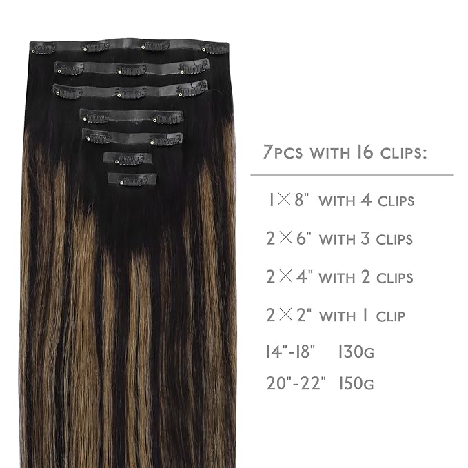 WENNALIFE Seamless Clip In Hair Extensions, 16 Inch 130g 7pcs Natural Black Mixed Chestnut Brown Hair Extensions Clip in Human Hair Invisible PU Skin Weft Natural Remy Human Hair Extensions