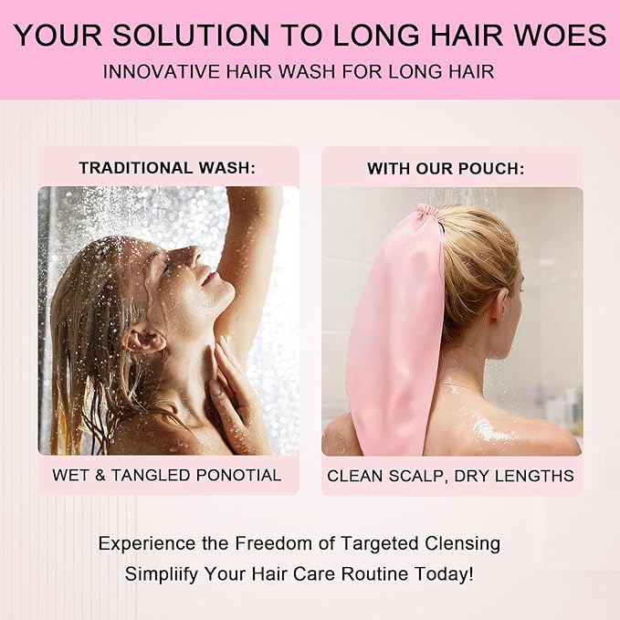 Waterproof Hair Sleeve for Long Hair, Crown Washing Shower Cap Ponytail, Reusable Adjustable, Quick Root Refresh for Shower Gym Travel Pool Beach, Time Saver (Pink+Blue, 2PC)