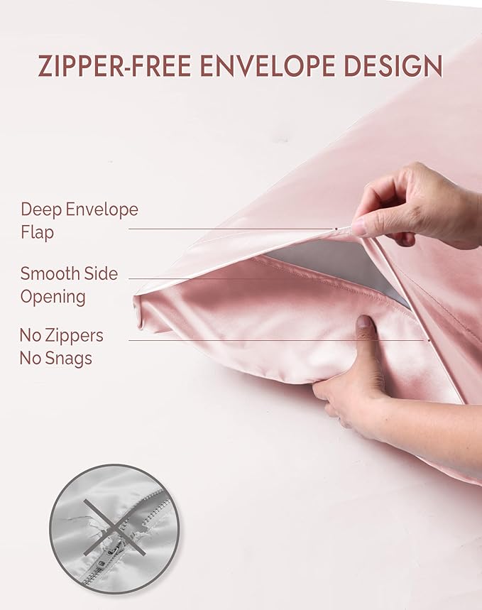 SilkSilky 100% Mulberry Silk Pillowcase - Pure 22 Momme High-Grade 6A Fibers for Hair & Skin, Envelope Closure, Natural, Organic, Breathable & Cooling Pillow Case (Queen, Pink)