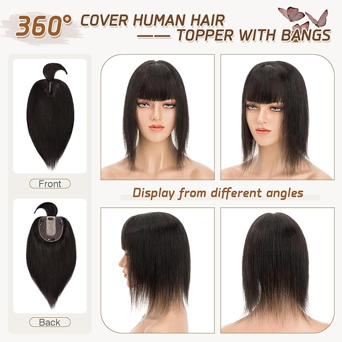 Rich Choices Real Human Hair Toppers for Women With Bang 100% Remy Human Hair Topper for Thinning Hair Clip in Silk Base Hair Topper 12 Inch #1B Natural Black